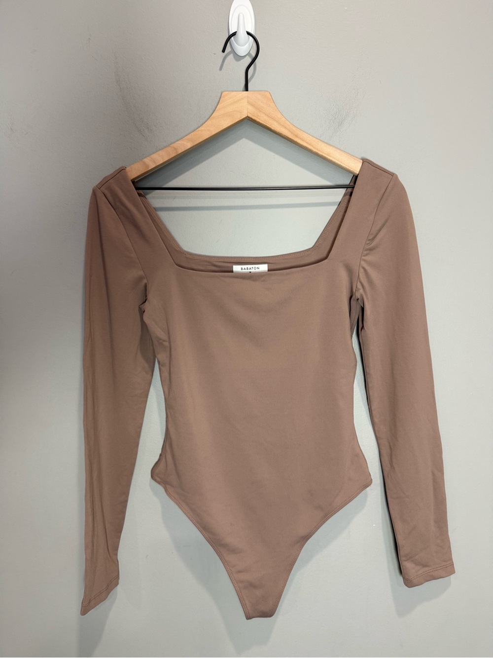 Aritzia Babaton Square Neck Long Sleeve Thong Bodysuit Taupe Brown Medium